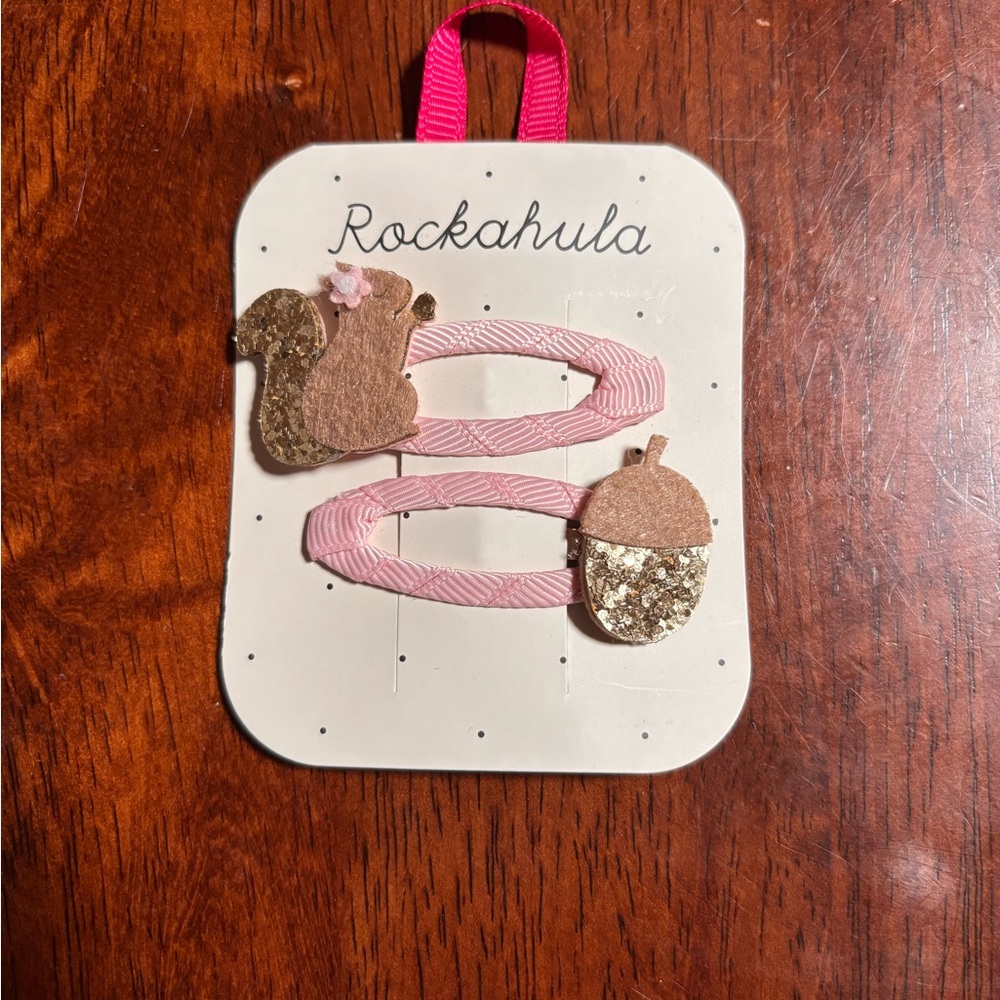 Kids Pink Squirrel & Acorn Hair Clips